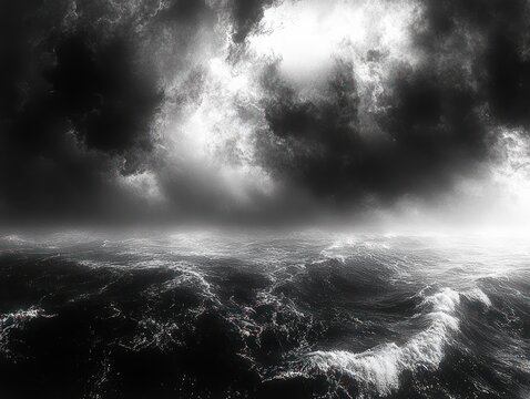 Ominous storm over a turbulent black-and-white ocean with churning waves, foamy whitecaps and heavy low clouds conveying dark, moody foreboding