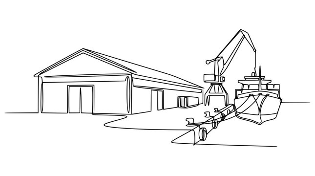 Continuous line drawing of a ship being loaded by a crane at a warehouse dock
