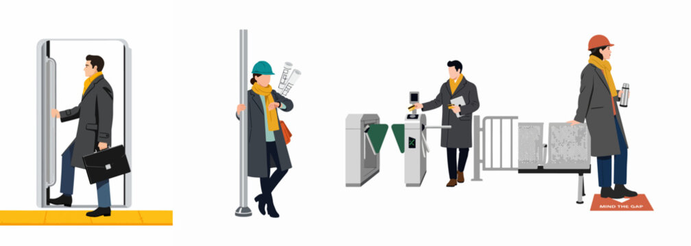 Flat illustration set of diverse people commuting in a modern subway station featuring professionals and engineers in various transit scenarios.