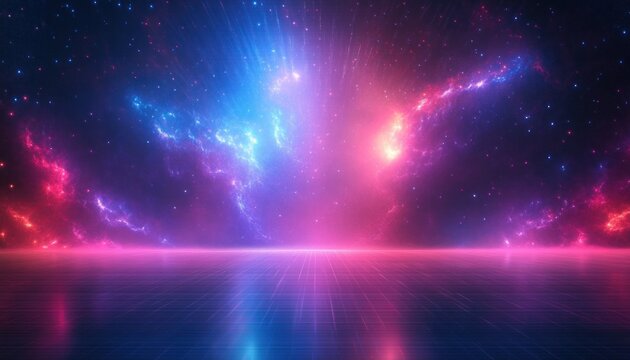 neon cosmic horizon over reflective grid floor with pink and blue nebula clouds and starry sky evoking futuristic wonder