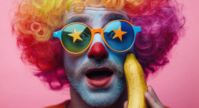 person with rainbow curly afro wig and blue earbud holding a banana like a phone against a pink background, playful and whimsical mood