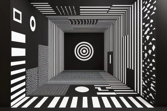 black and white geometric room with bold vertical and horizontal stripes, scattered triangles squares and circles, concentric target on back wall creating a hypnotic, disorienting optical effect