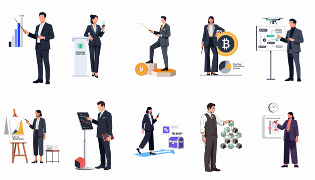 Set of business professionals presenting various cryptocurrency, tokenomics, and blockchain concepts like liquidity pools, treasury, and market data analysis.