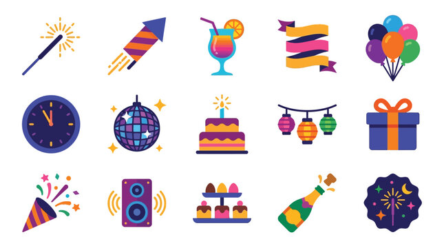 Collection of colorful flat icons representing celebration and party elements.
