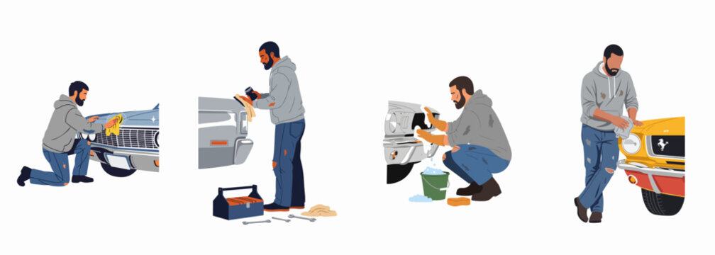 Vector illustration set of a man performing maintenance, washing, and polishing various classic and vintage cars, showcasing car care and restoration hobbies.