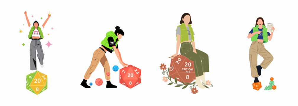 Set of illustrations showing young women enjoying tabletop RPGs with giant polyhedral dice, celebrating critical hits and gaming culture.
