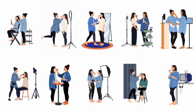 Set of Flat Vector Illustrations Featuring Professional Makeup Artists Working with Clients in Various Studio and Backstage Settings