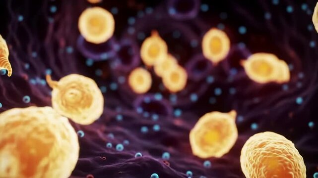 Dynamic 3D Visualization of Glowing Cells in Dark Background Showcasing Cellular Movement and Structure for Scientific and Medical Visualizations