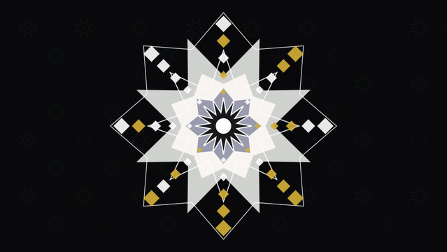 Geometric mandala design with star and diamond patterns in white, gold, and gray on black background