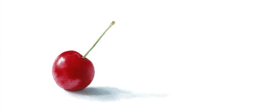 Single cherry watercolor red fruit green stem minimal white background shadow fresh realistic isolated vibrant. refined watercolor illustration of single cherry with green stem white background