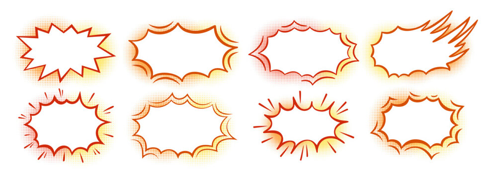 Comic explosion speech bubble halftone set. Cartoon bomb blast, boom bang effects, dynamic burst rays, fire cloud and doodle pop art puff shapes. Vector illustration isolated