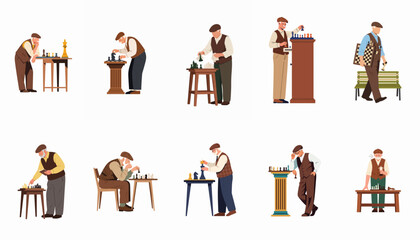 Set of flat character illustrations featuring elderly men in vintage attire playing chess, cleaning pieces, and holding trophies on a white background. © Yola