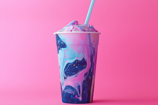 Abstract Iced coffee cup with watercolor and surreal digital art with and layered fluid textures evoking mystery and creativity joyful.