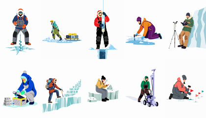 Set of Illustrations Featuring Scientists and Researchers Conducting Various Scientific Expeditions and Tasks in Extreme Cold Polar Environments © Yola