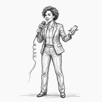 Female reporter with microphone and notepad, sketch style