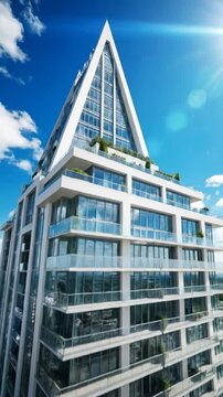 Modern glass-balconied skyscraper against a bright sunny sky with fluffy clouds, residential building exterior