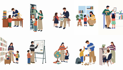 Flat vector illustration set of parents and teachers helping children with education, studying, and learning activities in school and home settings. © Yola