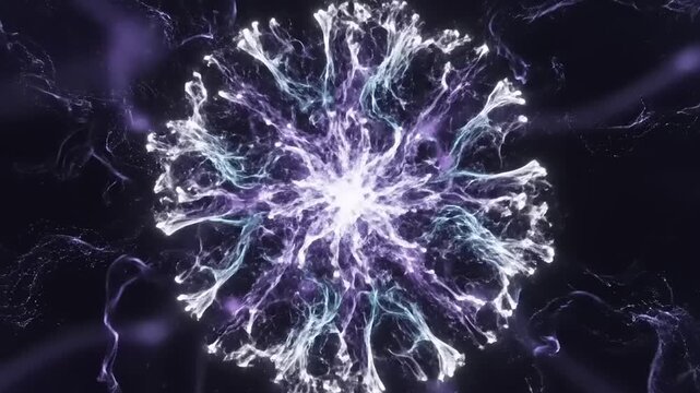 Abstract Swirling Purple and Blue Particles Forming an Expanding Energy Core with Dynamic Light Effect