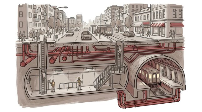 Cross-Sectional Illustration of Urban Infrastructure and Subway System.
