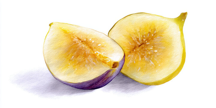 Watercolor painting fig fruit cut half yellow purple fresh juicy botanical illustration isolated on white background vibrant and realistic style