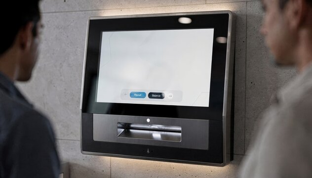 Medium shot featuring a wallmounted payout kiosk interface with the touchscreen and payment slot in sharp focus and the surrounding wall and users blurred gently