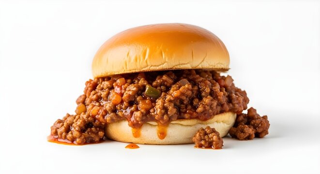 Classic Sloppy Joe Sandwich on White Background with Meat Sauce Dripping