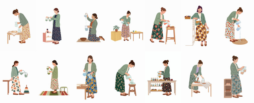 Collection of flat vector illustrations featuring a woman in floral skirts and cardigans performing various pouring tasks, representing practical life skills and education.