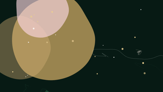 A spaceship flies through a starry night sky with large golden orbs