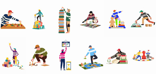 Fototapeta premium Vector flat illustration set of people playing various board games including dice, cards, tokens, and strategy games in a minimalist design style.