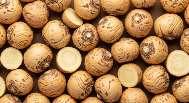 Fresh Maca Root Seamless Pattern Texture, Lepidium Meyenii Flat Lay Background