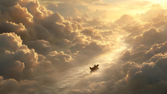Surreal conceptual illustration of a small boat sailing along a river of golden light, winding through a massive canyon of dramatic cumulus clouds illuminated by a bright celestial glow.