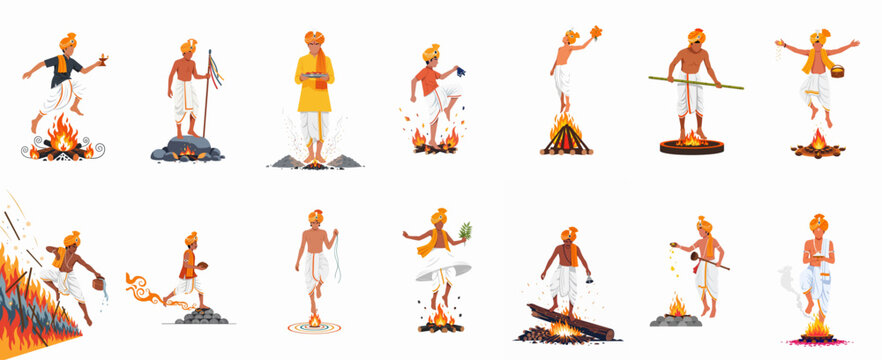 Set of illustrations depicting Indian men in traditional clothing performing various fire-related religious rituals and jumping over bonfires.