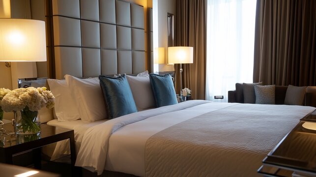 Elegant hotel room with luxurious bedding and modern design elements