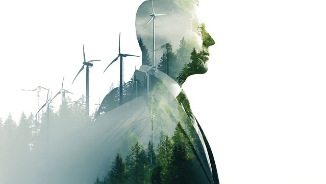 Double exposure concept of a businessman profile blended with wind turbines and a green pine forest, symbolizing sustainable corporate energy, ESG compliance, and eco-friendly future.