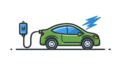 Naklejka premium Cartoon Electric Car Charging with Cable and Lightning Bolt Icon