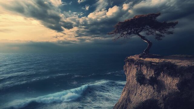 A lone tree on a rocky cliff overlooking a turbulent ocean at sunset