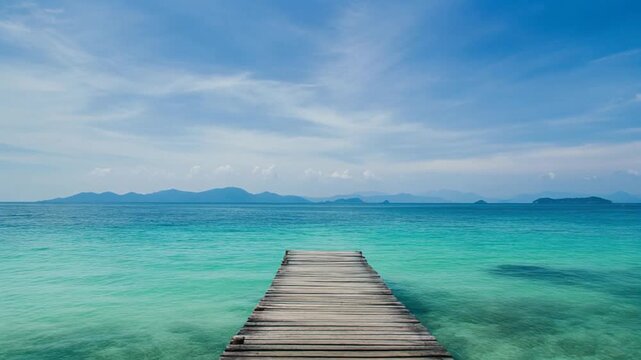 Scenic wooden pier extends into calm turquoise ocean under blue sky