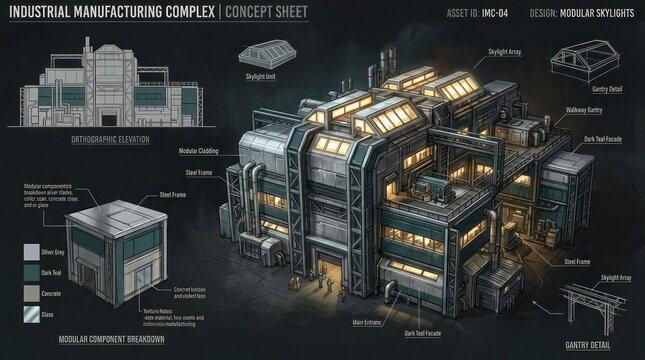 Detailed Industrial Manufacturing Complex Concept Sheet with Architectural Design.