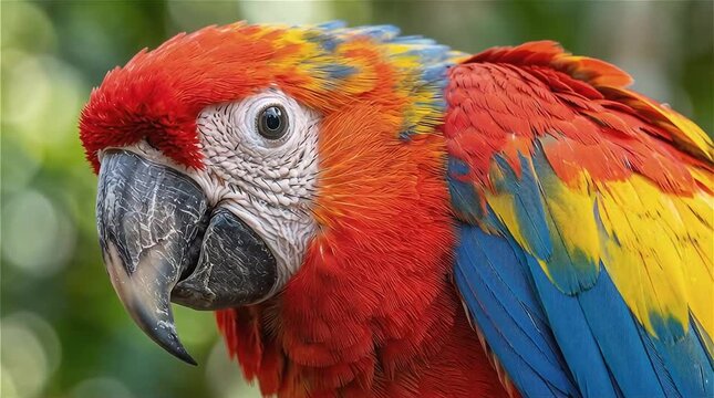 Close-up macro portrait of a colorful scarlet macaw parrot showing detailed feathers and beak.