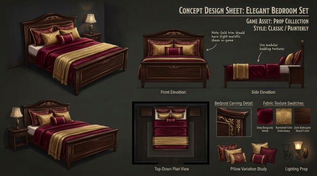 Elegant Bedroom Set Concept Design Sheet Showcasing Dark Brown Furniture and Luxurious Bedding.