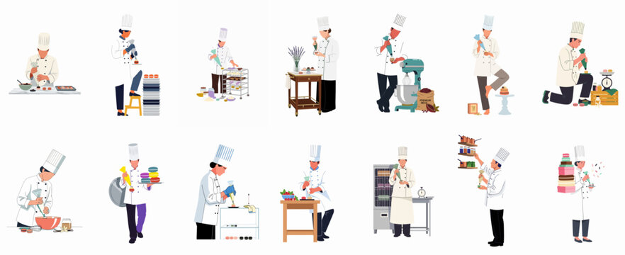 Collection of professional pastry chefs and bakers decorating cakes and making desserts, isolated flat vector illustrations set