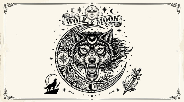 Wolf Moon Tattoo Style Illustration with Crescent Moon and Stars