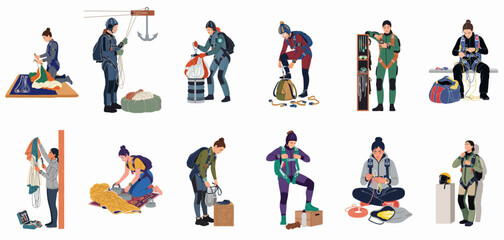 Set of illustrations depicting women skydivers preparing their equipment, packing parachutes, and getting ready for a jump in flat design style. © ValentinaRestrepo
