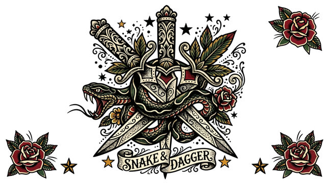 Snake coiled around crossed daggers with roses in tattoo style