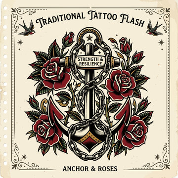 Traditional Anchor Tattoo Flash with Roses and Swallows