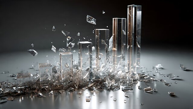 A rising business bar graph made of clear glass columns shattering into pieces, symbolizing stock market crashes, economic collapse, financial crisis, and high risk.