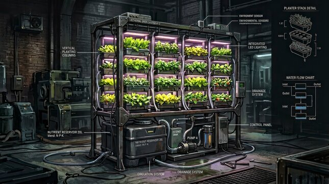 Futuristic Indoor Vertical Farm Growing Fresh Produce in a Controlled Environment.