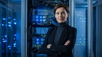 Fototapeta premium Professional female it specialist standing in a modern server room with server racks and blue led lights in the background