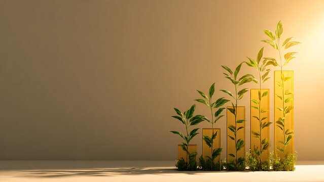 A rising bar graph formed by growing green plants under warm golden sunlight, symbolizing sustainable business growth, eco-friendly investment, and financial success.