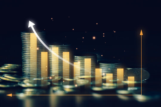 Financial decline concept with stacked coins, falling chart and downward arrow representing stock market loss, economic recession, investment risk, business downturn and negative trading performance.